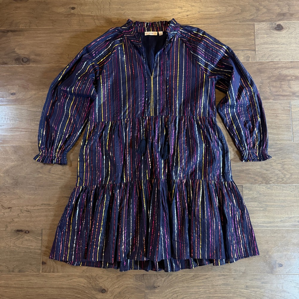 Roller Rabbit Navy Blue Metallic Stripe Tiered Mini Dress Medium Boho Tassel
